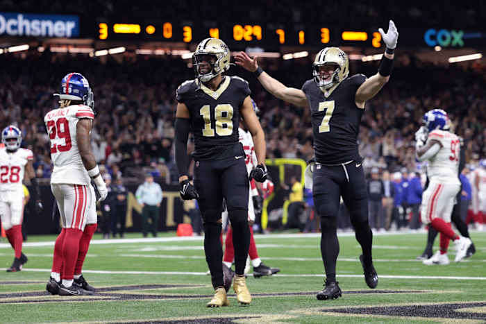 New Orleans Saints wide receiver Keith Kirkwood (18) celebrates after a touchdown catch against the New York Giants